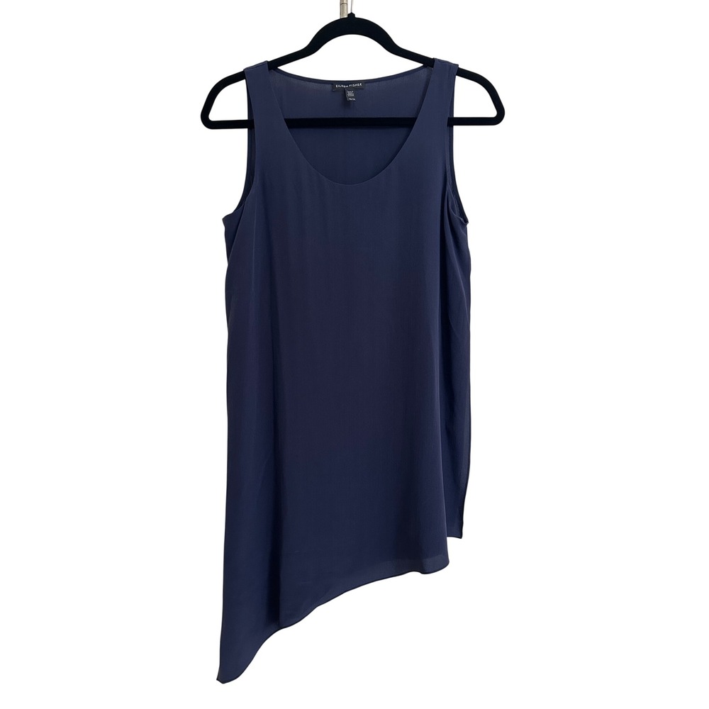 Eileen Fisher Navy Blue 100% Silk Asymmetrical Hem Sleeveless Tunic‎ Top XS